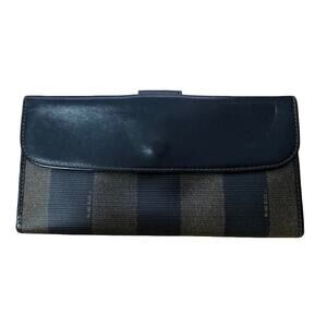 FENDI Pequin Stripe Continental Long Wallet Black Leather Vintage Authentic COA